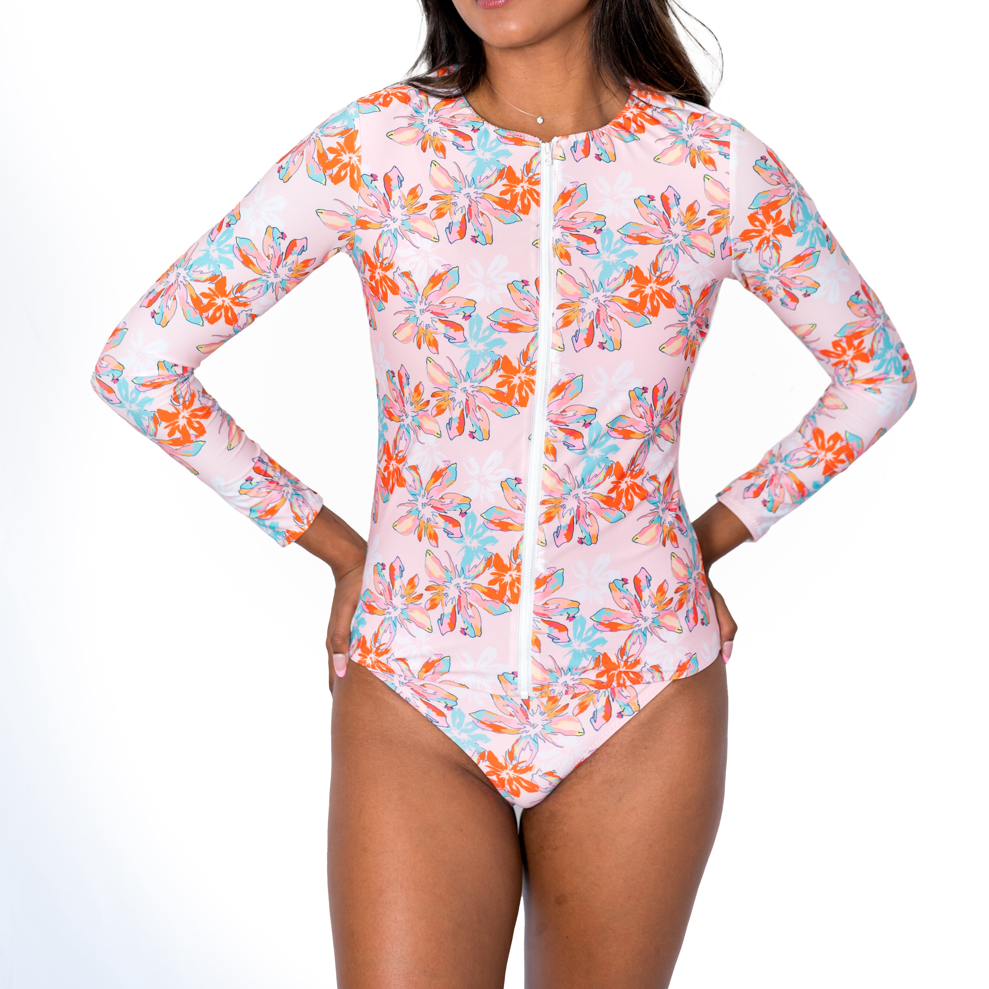 Zip Up Long Rash Guard - UPV 50+ sun protection - Front / HIbiscus - Hibiscus