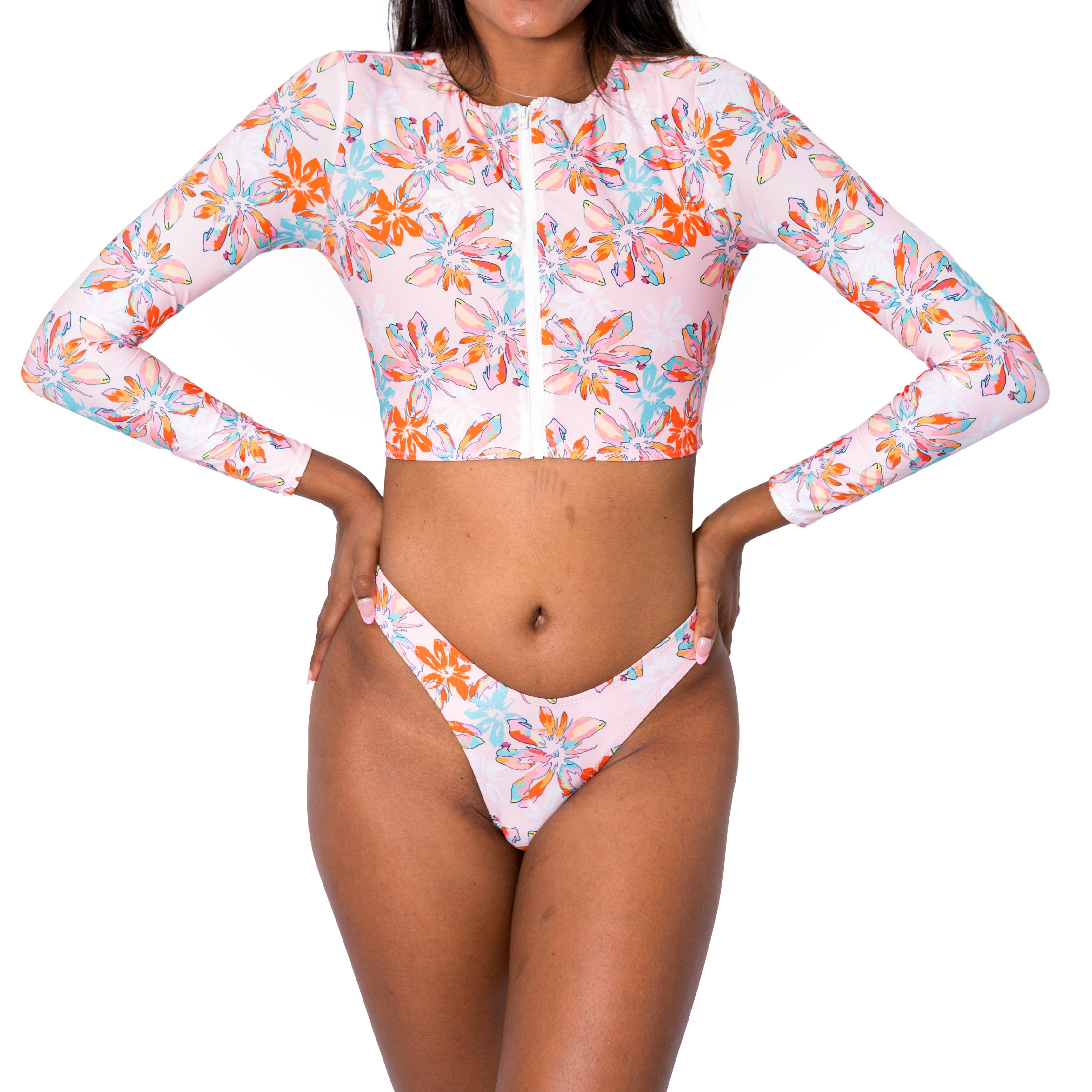 Zip Up Short Rash Guard - UPV 50+ sun protection - Front / Hibiscus - Hibiscus
